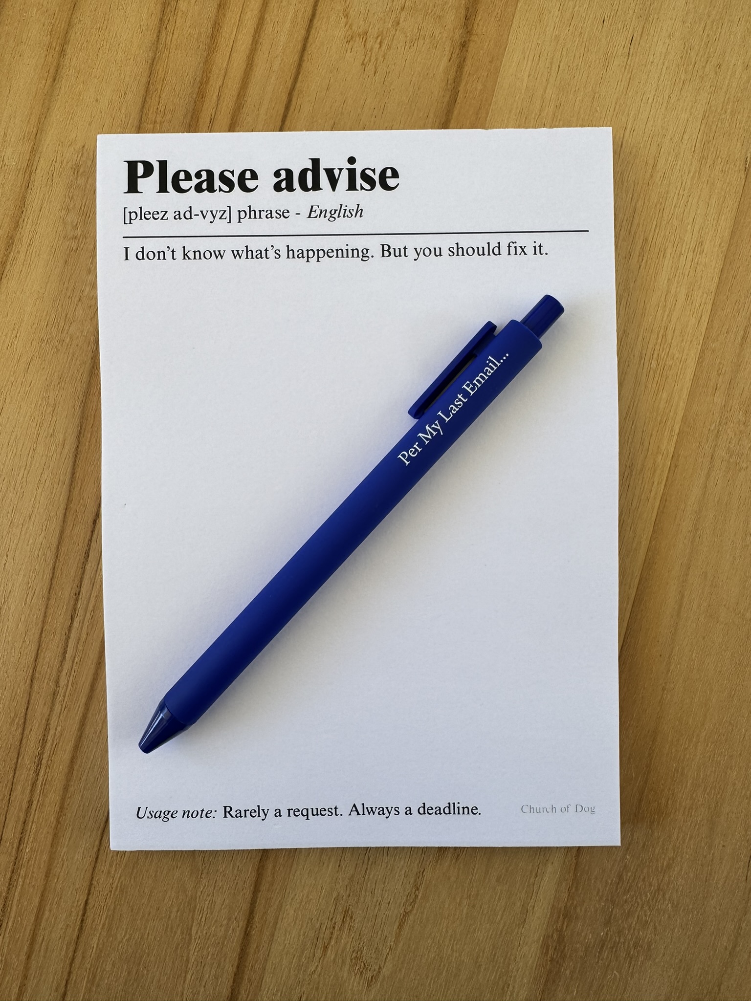 Please Advise humorous notepad with blue pen